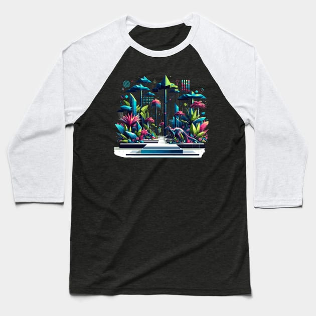 Cyber Jungle: Geometric Digital Rainforest Baseball T-Shirt by Graphic Wonders Emporium